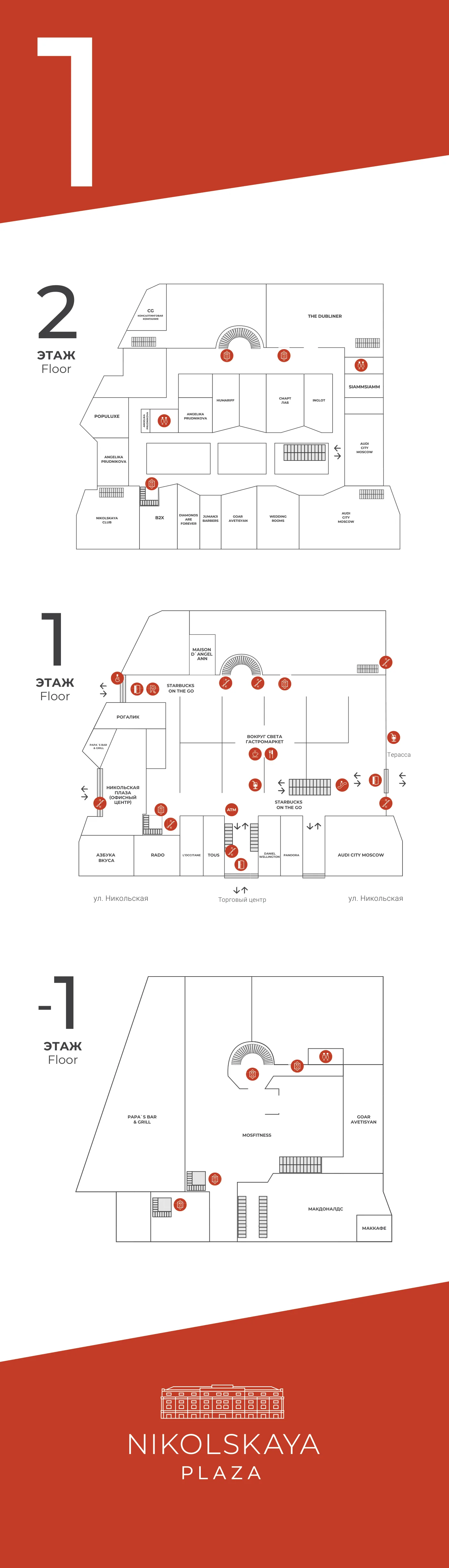 The same pylon in its plan version: three floor plans stacked with numbered location markers.