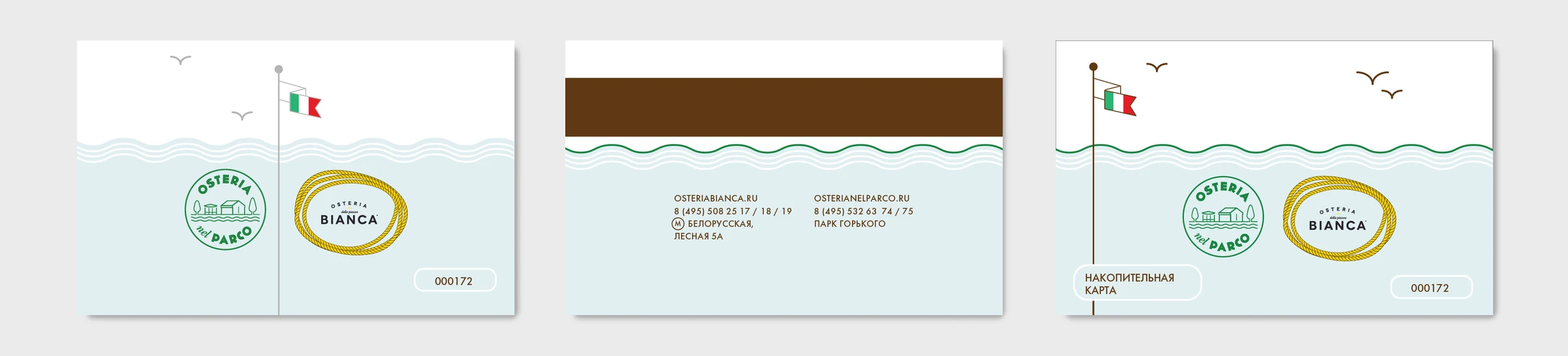 Three views of a loyalty card: a pale blue card with a waterline, seagulls, an Italian flag on a mast and two round restaurant stamps, and its reverse with addresses and phone numbers.